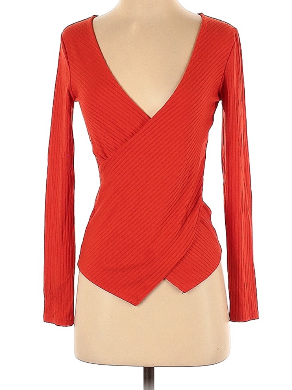H&M Red Ribbed Wrap V-Neck Long Sleeve Top
